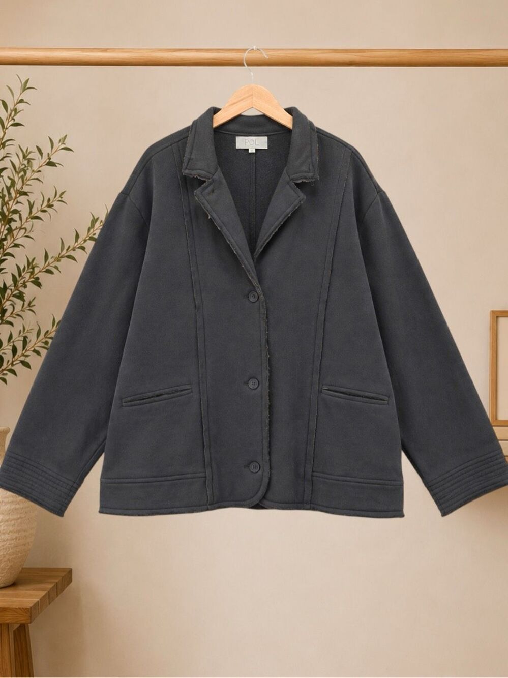 BiBi Charcoal Oversized Blazer Jacket Washed Black Knit Raw Edge Button Front - Picture 6 of 7